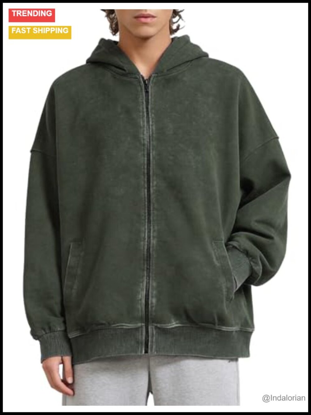 Oversized Zip Up Hoodie 100% Cotton Distressed Vintage Acid Wash
